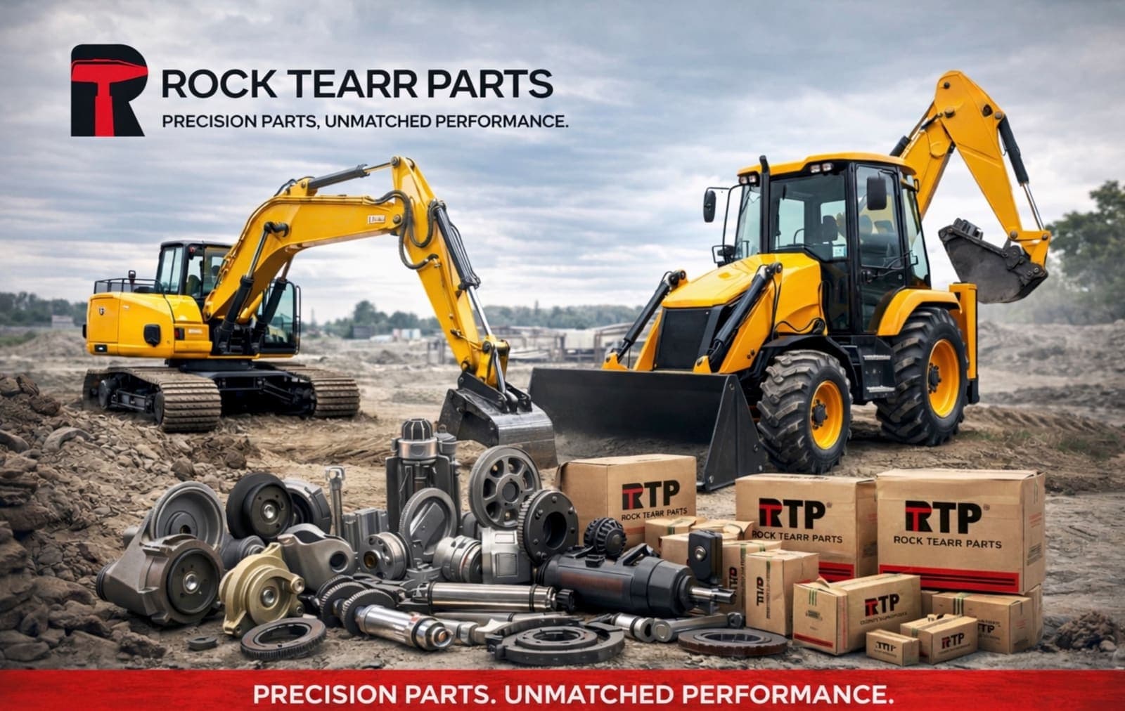 Rock Tearr Parts facility staging — heavy equipment parts and export crates at Palwali